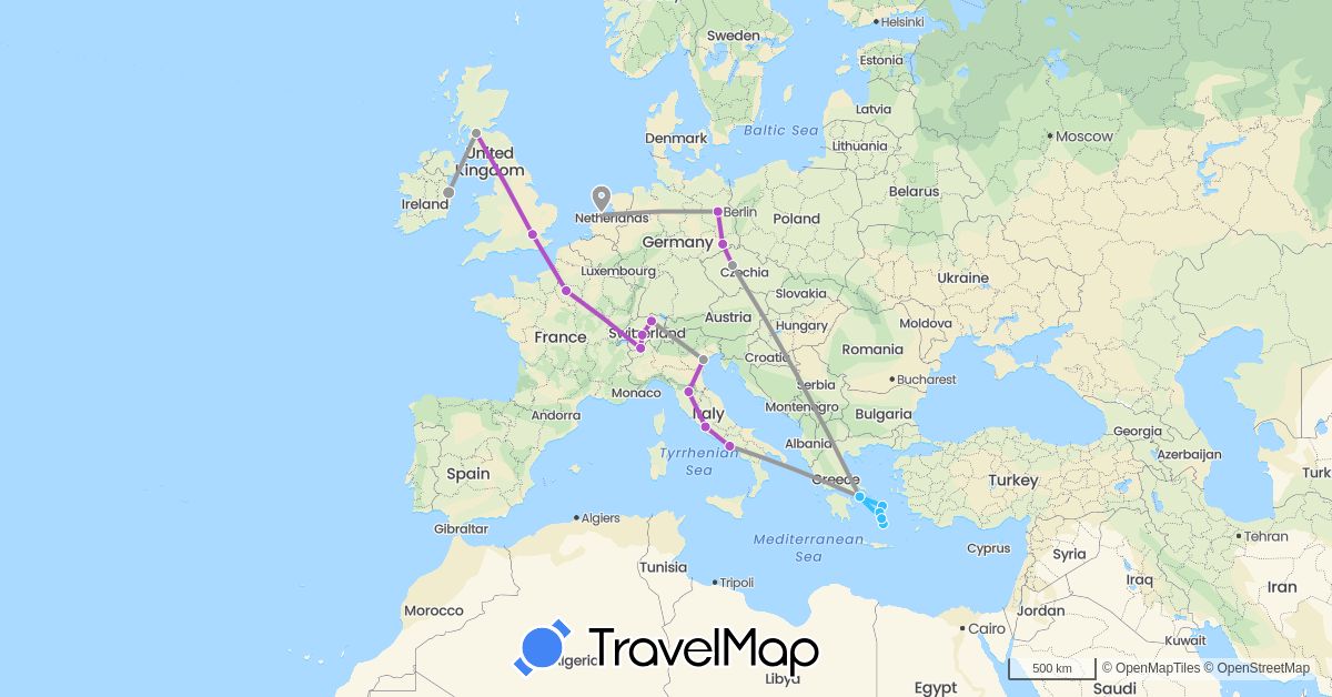 TravelMap itinerary: plane, train, boat in Switzerland, Czech Republic, Germany, France, United Kingdom, Greece, Ireland, Italy, Netherlands (Europe)